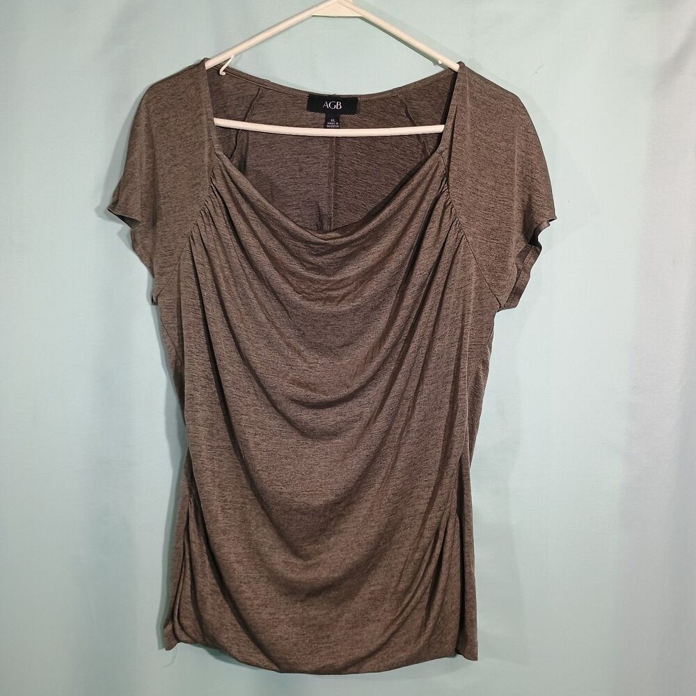 AGB Women’s Brown Cowl Neck Top – Short Sleeve Ruched Draped Blouse